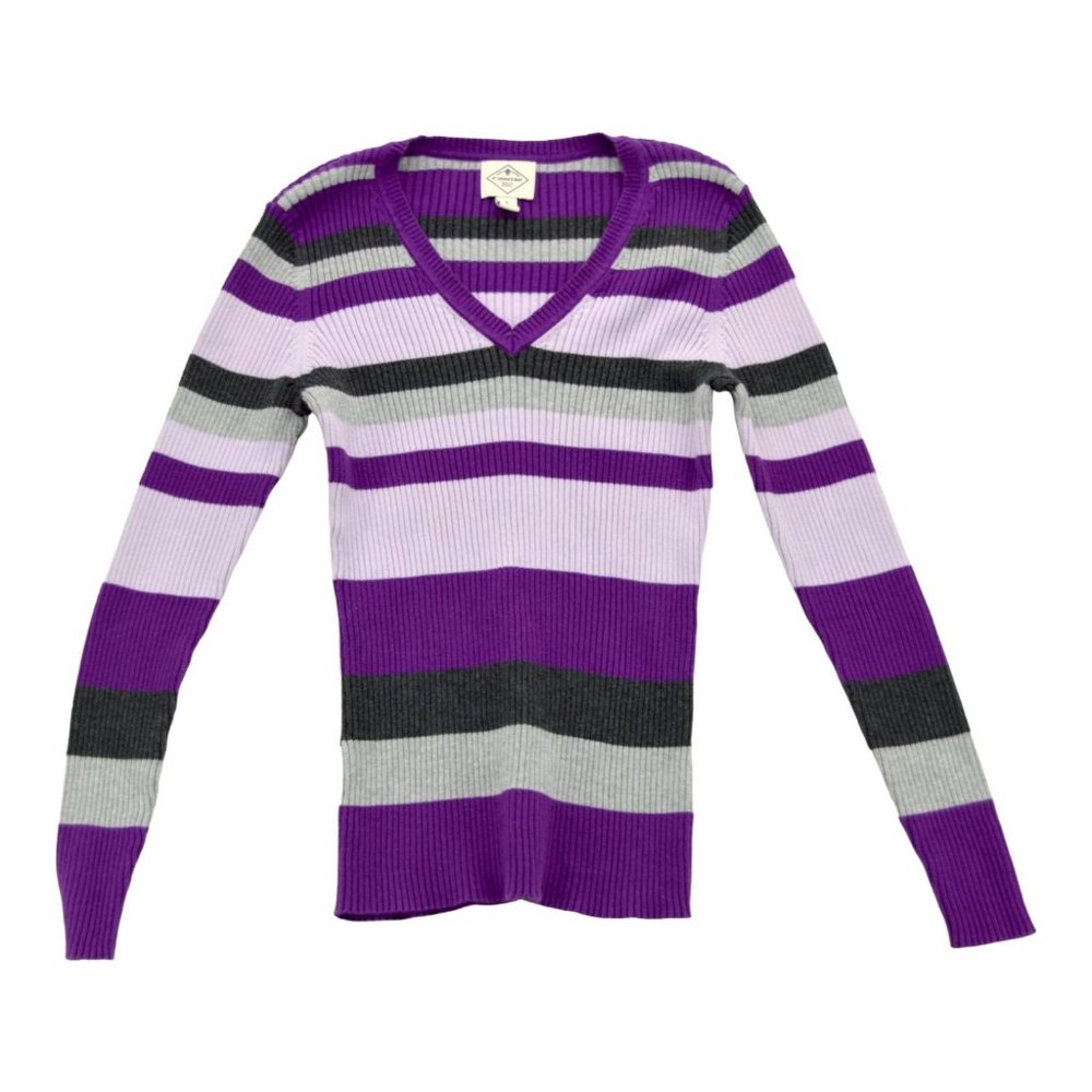 St Johns Bay Top Size S Purples Grays Striped Ribbed V Neck Long Sleeve Casual